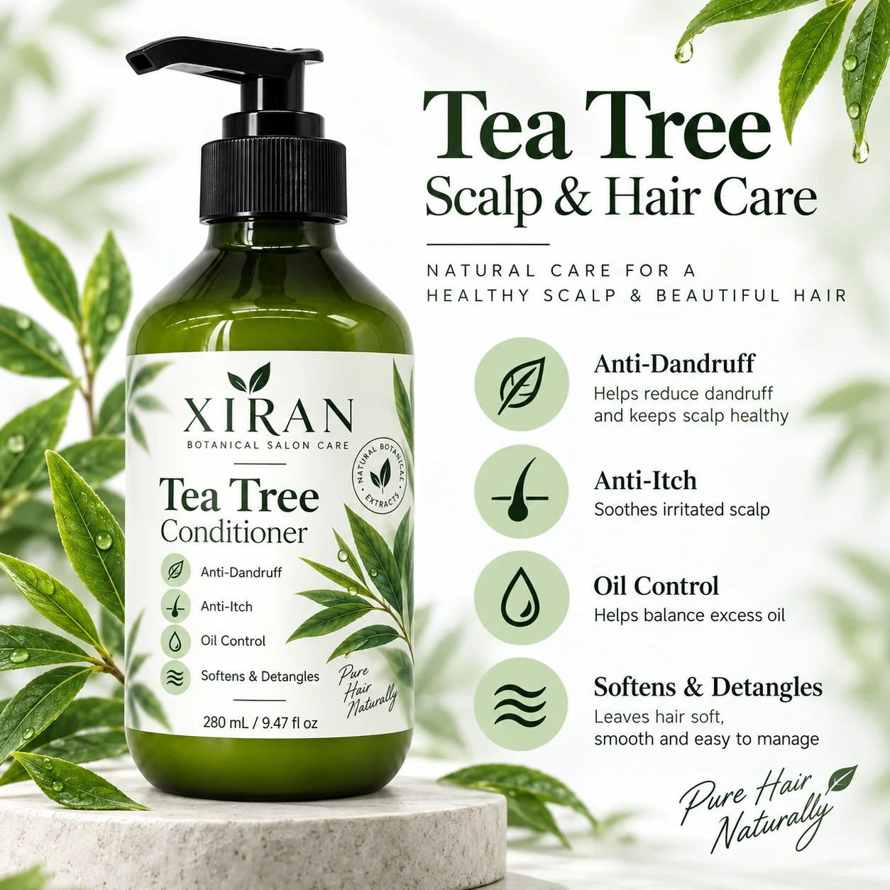 Tea tree conditioner bottle labeled 'Xiran' promoting anti-dandruff, anti-itch, oil control, and softening benefits, set against a fresh botanical background.